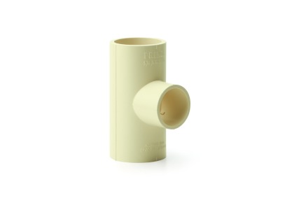 Prince Flow Guard Plus CPVC Reducing Tee SCH-80 T-shaped fitting with 1-inch main inlet and 3/4-inch outlet for connecting different pipe sizes in high-pressure plumbing systems.