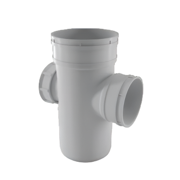 Finolex SWR Reducing Tee Door 110x75mm (4"x2½") – uPVC drainage fitting designed to connect a 75mm lateral soil or waste pipe to a 110mm main line at an 87.5° angle, featuring an integrated cleaning door for easy maintenance.


