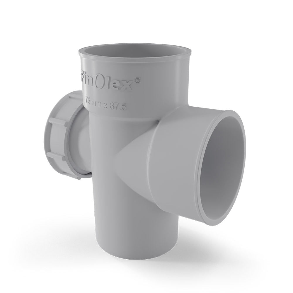 Finolex SWR tee fitting with integrated cleaning door, designed for connecting lateral soil and waste pipes to vertical lines at a 87.5° angle, facilitating easy maintenance in drainage systems
