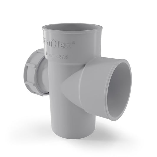 Finolex SWR tee fitting with integrated cleaning door, designed for connecting lateral soil and waste pipes to vertical lines at a 87.5° angle, facilitating easy maintenance in drainage systems