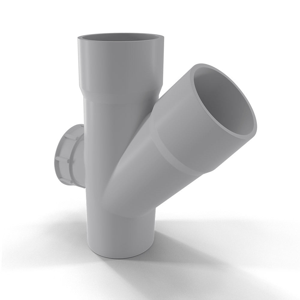 Finolex SWR Y Door fitting, available in sizes 75mm (2½"), 90mm (3"), 110mm (4"), and 160mm (6"), designed to connect a lateral soil or waste pipeline to the main vertical pipeline at a 45° angle, featuring an integrated cleaning door for easy maintenance.