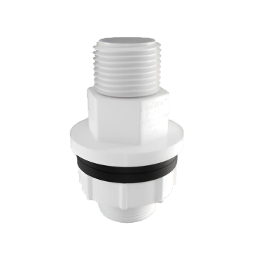 Finolex UPVC tank nipple in white, threaded on both ends, used to connect water storage tanks to plumbing lines.