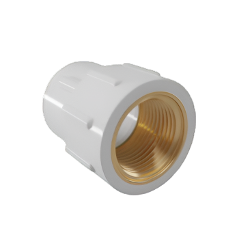 Finolex uPVC female threaded adapter with brass insert – white plastic fitting featuring a brass-lined internal thread for connecting metal male-threaded pipes.
