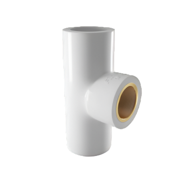 Finolex uPVC tee fitting with brass insert – white plastic T-shaped plumbing connector featuring a brass threaded insert for secure metal pipe connections.
