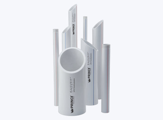 Prince Easyfit PVC pipe, Schedule 40, 6 meters in length, designed for plumbing and industrial applications.