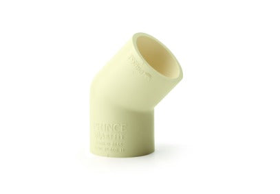 Prince Flow Guard Plus CPVC 45-degree elbow SCH-80, gray angled pipe fitting for high-pressure plumbing systems.
