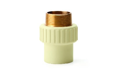 Prince Flow Guard Plus CPVC Brass Male Threaded Adapter (MTA) SDR-11, available in 3/4-inch, 1-inch, 3/4-inch x 1/2-inch, and 1-inch x 1/2-inch sizes, featuring a gray CPVC body with a durable brass male thread for connecting CPVC pipes to metal fittings in hot and cold-water plumbing systems.