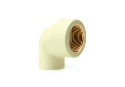 Prince Flow Guard Plus CPVC Female Threaded (FT) Elbow SDR-11, available in 3/4-inch x 1/2-inch and 1-inch x 1/2-inch sizes, gray 90-degree angled pipe fitting with female threads for connecting CPVC pipes to threaded male fittings in plumbing systems
