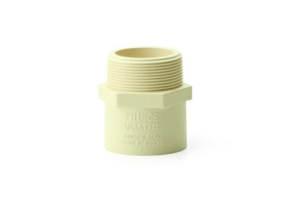 Prince Flow Guard Plus CPVC Male Threaded Adapter (MTA) SCH-80, 3/4-inch and 1-inch fitting with male threads for connecting CPVC pipes to threaded metal or plastic components in high-pressure plumbing systems.
