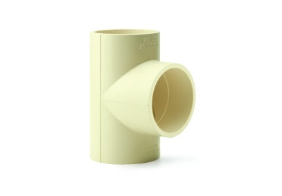 Prince Flow Guard Plus CPVC Tee SCH-80, durable gray T-shaped pipe fitting for 3/4-inch and 1-inch plumbing connections in high-pressure systems.
