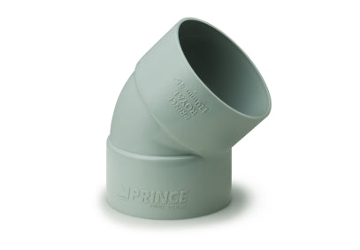 Prince Ultrafit SWR 45-degree double socket uPVC bend, available in 75mm and 110mm, used for angled pipe connections in soil and waste systems.