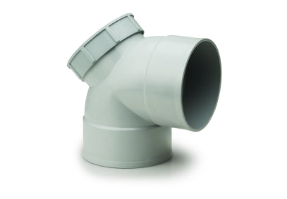 Prince Royal SWR solvent joint bend with cleaning door and double socket, available in 75mm, 90mm, and 110mm sizes, used for directional change and maintenance access in soil and waste systems
