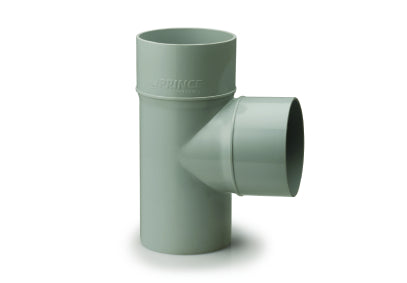Prince Ultrafit SWR reducing tee uPVC T-joint fitting, 110mm x 75mm, used for connecting different pipe sizes at a 90-degree angle in drainage and plumbing systems.