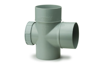 Prince Ultrafit SWR uPVC single tee with cleaning door, available in 75mm and 110mm, used for 90-degree pipe branching and easy maintenance in soil and waste systems.
