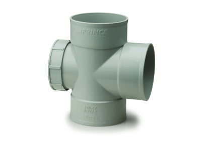 Prince Ultrafit SWR uPVC single tee with door and double socket, available in 75mm, 90mm, and 110mm sizes, designed for 90-degree pipe connections and access in soil and waste systems.
