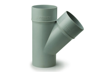 Prince Ultrafit SWR uPVC single Y-joint drainage fitting, available in 63mm and 110mm sizes, used for smooth angled pipe branching in soil and waste systems.
