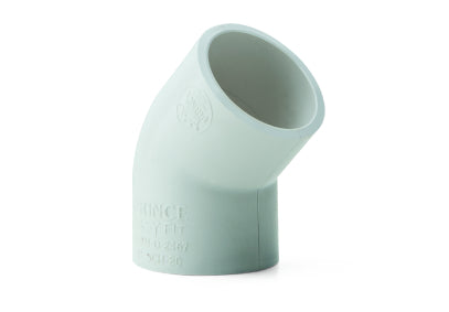 Prince Easyfit Schedule 80 PVC elbow fitting, 45-degree angle, used for high-pressure pipe direction changes
