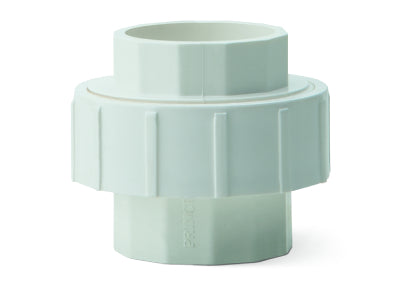 Prince uPVC Schedule 80 union fitting in 20mm and 25mm sizes, used for easy disconnection and reconnection of high-pressure pipe systems.
