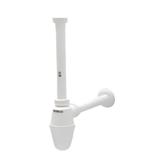 White polymer bottle trap for sink plumbing, designed to prevent odors and ensure smooth drainage.