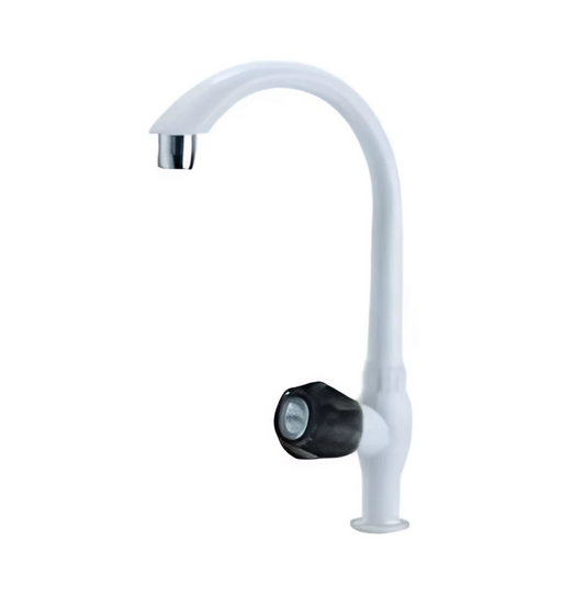Modern table-mounted long spout sink tap with smooth handle and durable brass construction