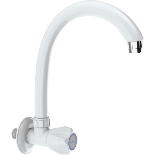 Durable brass wall-mounted sink tap with long reach swivel spout and smooth-turn handle