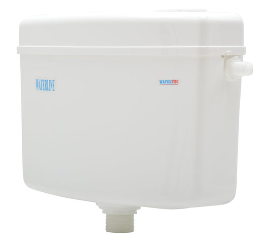 White sleek single flush toilet cistern by Water Tec – modern, compact, wall-mounted design for efficient water usage
